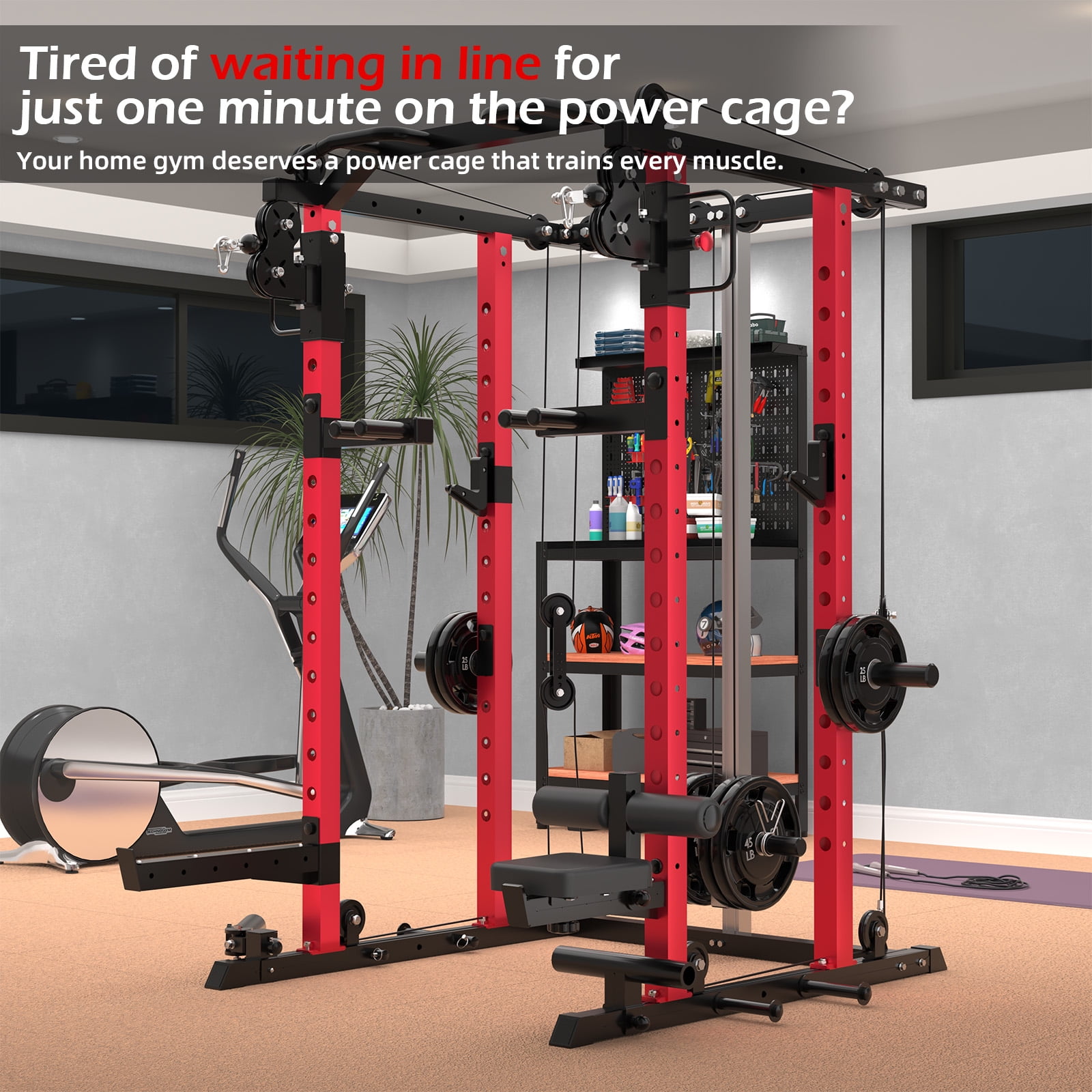 YODOLLA Power Rack Cage, 2000lbs Squat Rack with LAT Pulldown and Cable Crossover Machine, Multi-Function Home Gym Strength Training Equipment with Pulley System