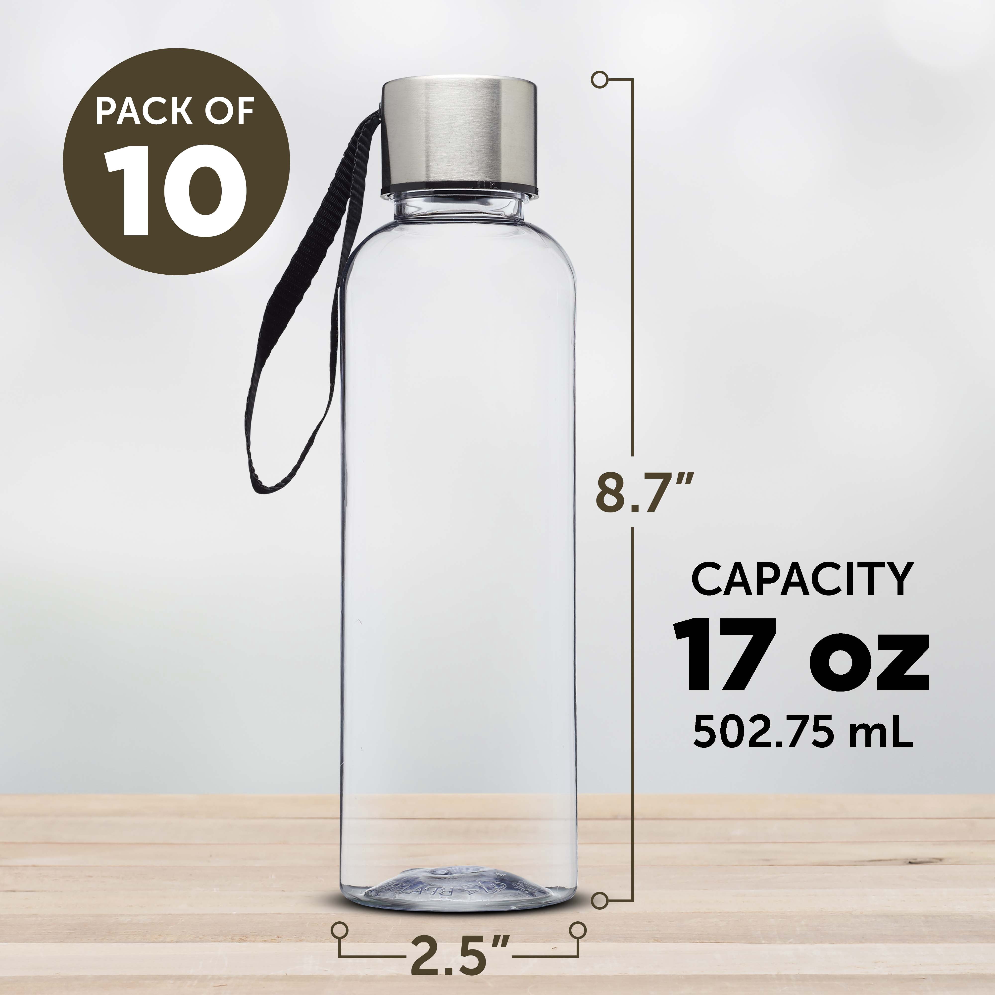Genie Plastic Water Bottles with Strap 17 oz. Set of 10, Bulk Pack - Refillable, Great for Gym, Hiking, Cycling, School - Black