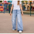 thumbnail image 3 of KIDSCOOL Little Big Girls Washed Denim Pants Casual Wide Leg Ripped Jeans,Blue,7-8 Years, 3 of 7