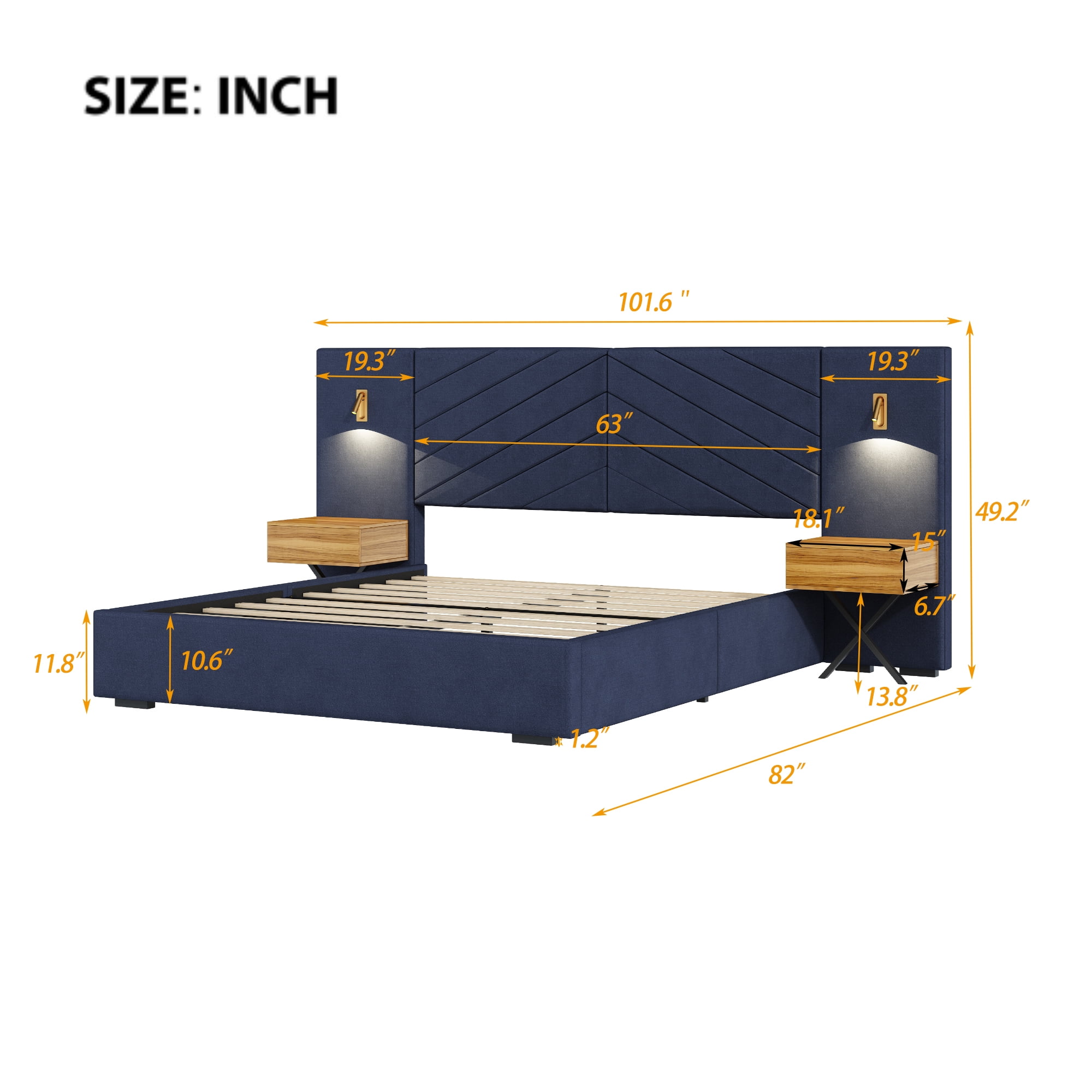 Aukfa Queen Size Upholstered Bed Frame with Nightstands and LED Lights, Platform Bed with Oversize Wingback Headboard, Blue