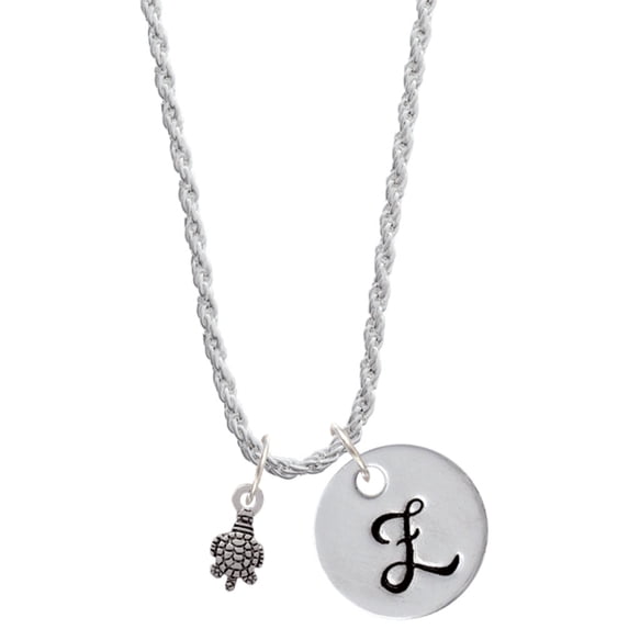 Delight Jewelry Silvertone Mini Sea Turtle Silvertone Script Initial Disc - Z - Charm Necklace, 20"+3"