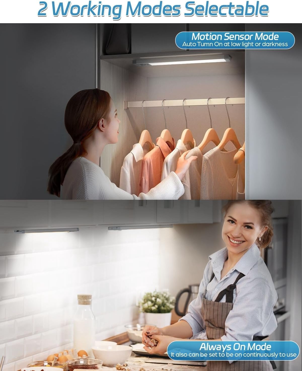 Under Cabinet Lighting Rechargeable Closet Lights  Motion Sensor Light Indoor, 50 LED Dimmable  Under Counter Light for Kitchen, Pantry, 2 Pack, Cool White Light, 10 inch