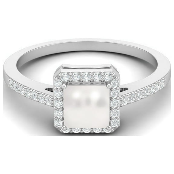 6MM Square Shape Pearl Gemstone Halo Accent 925 Sterling Silver Wedding Valentines Day Gifts Ring For Women