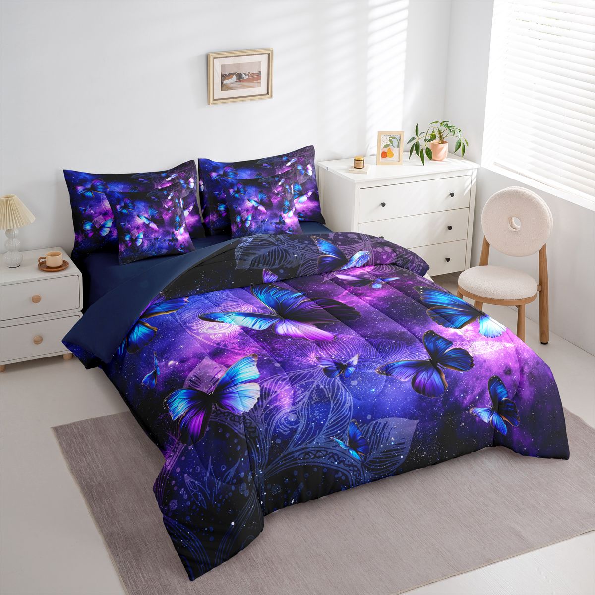 Homewish Gradient Butterflies 7pcs Bedding Comforter Set For Teens Adults,Universe Galaxy Queen Bedding Sets Super Cozy,Exotic Style Queen Sheet Sets,Ultra Soft Home Decor,Reversible