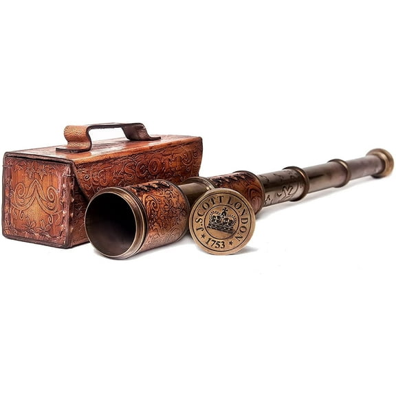Roorkee instruments India Brass J Scott Pirate Telescope with Imprinted Leather Case 17"