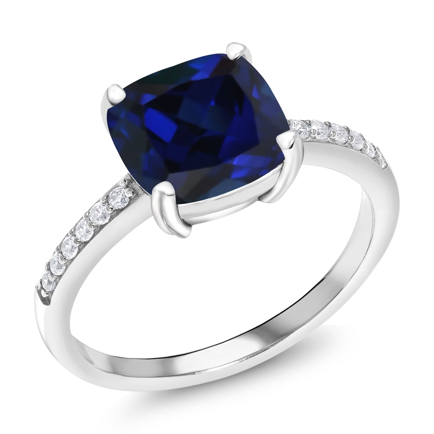 Gem Stone King 925 Sterling Silver Blue Created Sapphire Engagement Ring for Women (2.62 Cttw, Cushion Cut 8MM, Available in Size 5, 6, 7, 8, 9)