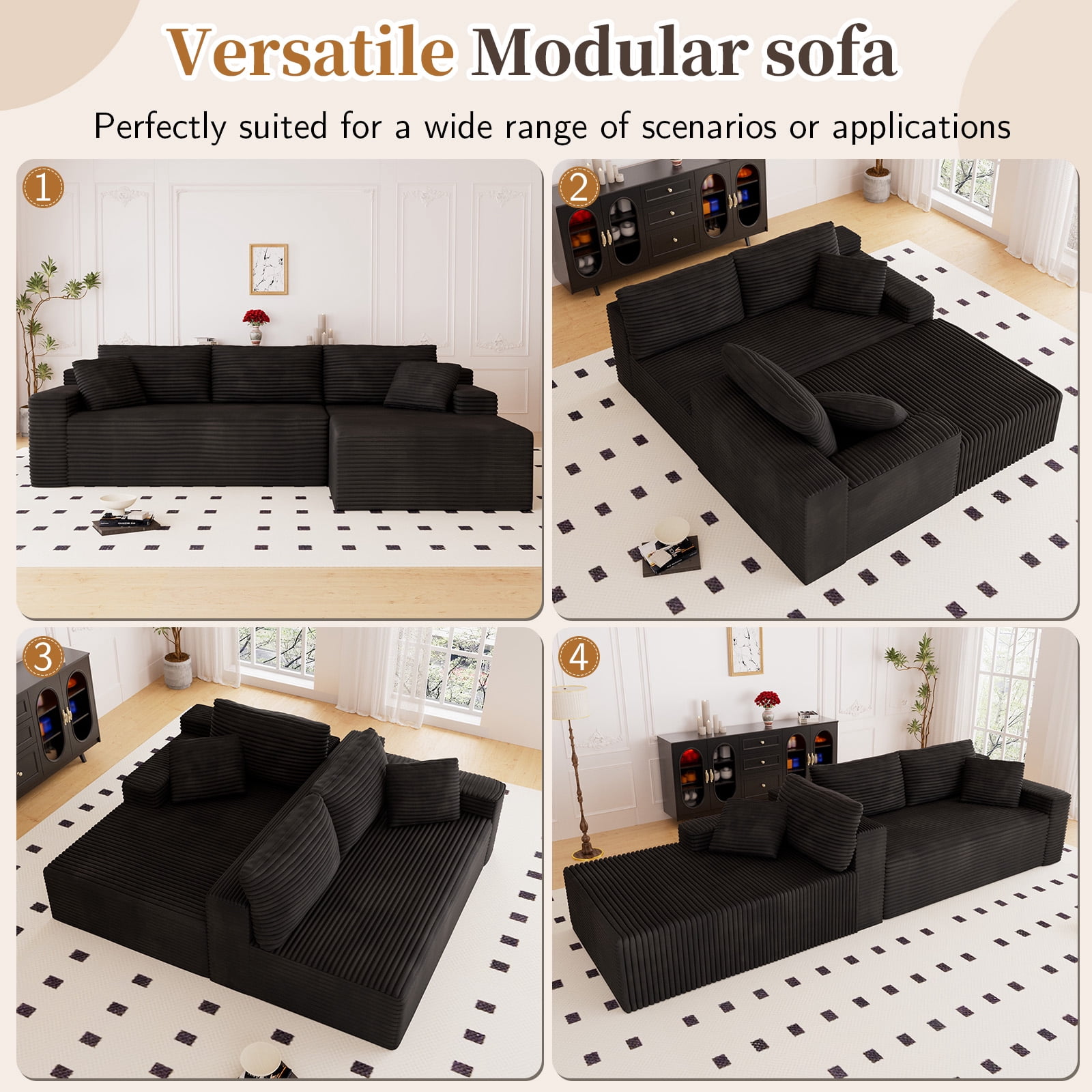 Lunale 105" Modular L-Shaped Sectional Sofa, Boneless Cloud Couch, No Assembly Required, Modern Deep Seat Corduroy Sofa for Living Room, Black (Right Facing Chaise)