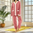 thumbnail image 2 of HAiming Fuzzy Pajamas Set V Neck Long Sleeve Button down Tops and Casual Pants Color Block Sleepwear with Pockets, 2 of 3