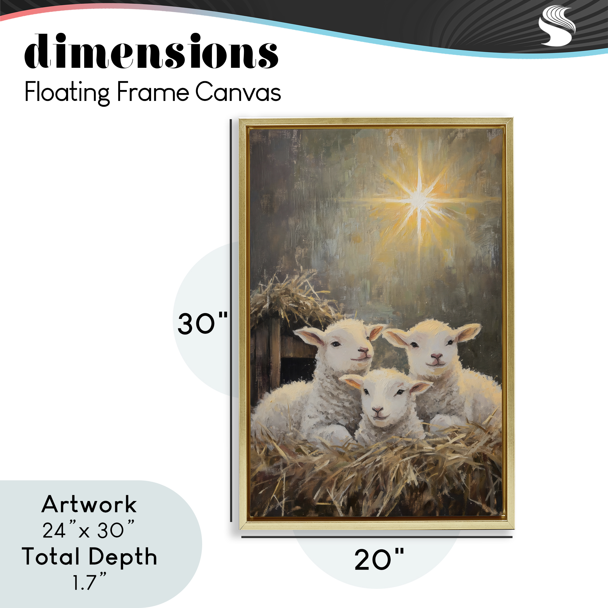 Festive Lambs in Stable Gold Framed Floater Canvas Wall Art, design by Petal Prints Design