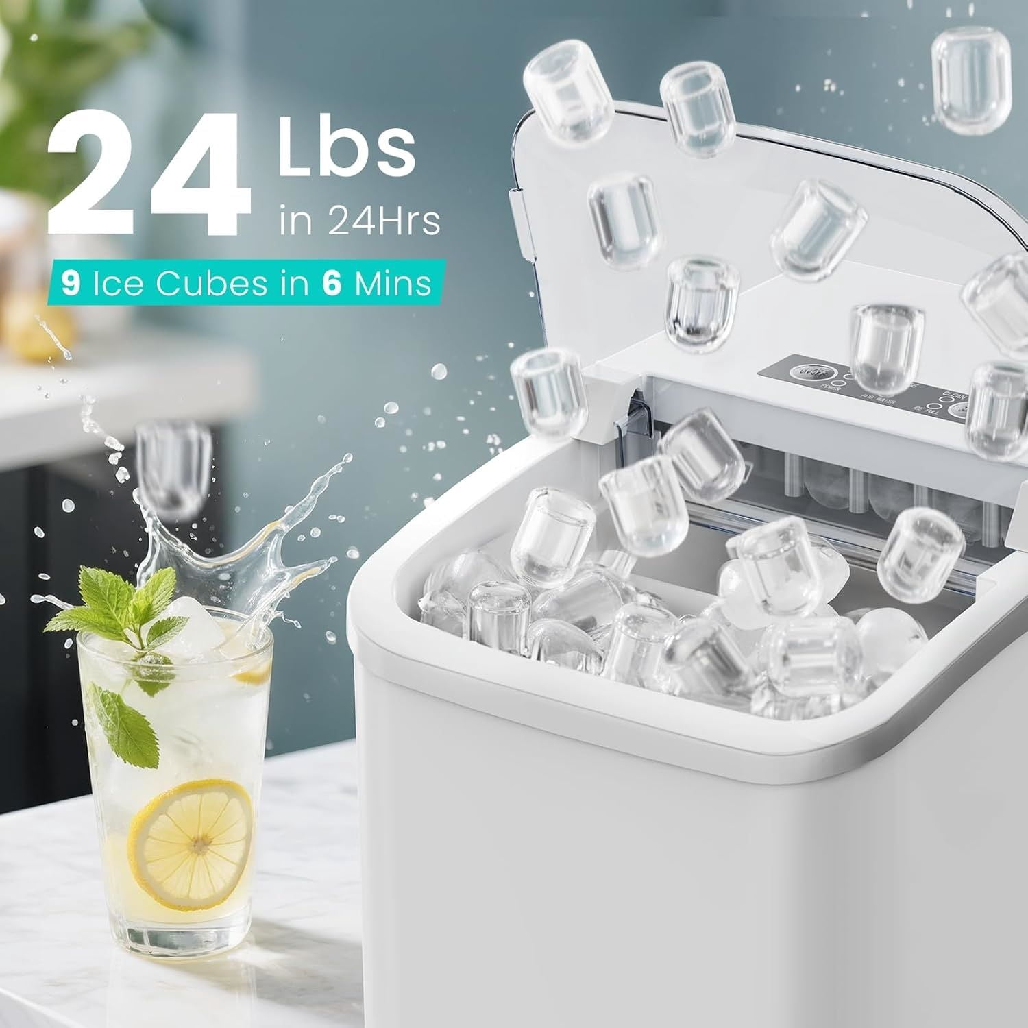 Ice Maker Machine with Handle, Auto-Cleaning Portable Ice Maker with Basket & Scoop, 26lbs in 24Hrs & 9 Ice Cubes in 6 Mins, 2 Ice Cube Sizes, for Home Party Camping RV, White