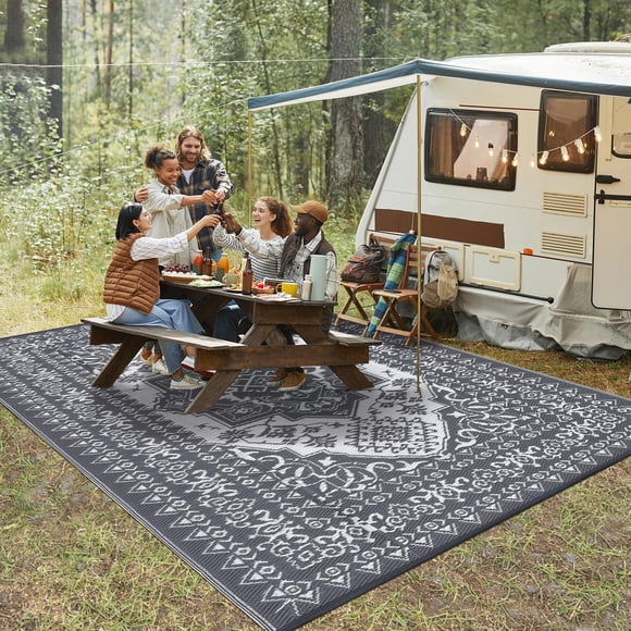 Reversible Patio Mat – Waterproof Plastic Straw Outdoor Rug – UV Protection, Modern Botanical – Includes Carry Bag & Stakes – Portable– Gray & White, 9x18ft (270x549cm), USA