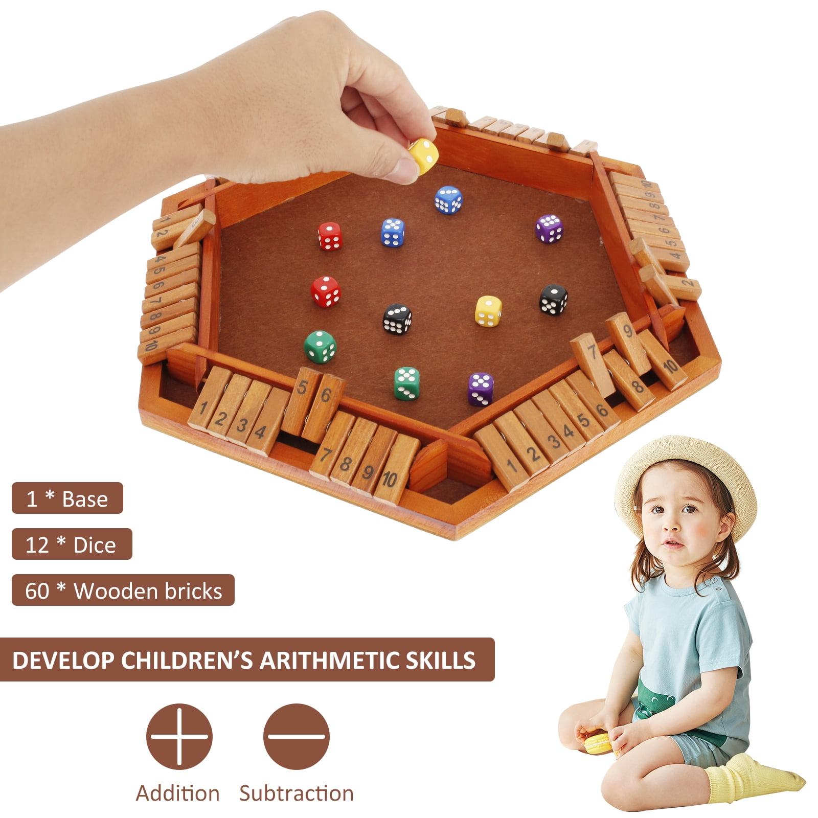 Wekvgz Shut The Box Game for 1 to 6 Players Wood Tabletop Board Game with 12 Dice Fun Close The Box Game Handmade Shut The Box Dice Game for Kids Adults Families Home Party