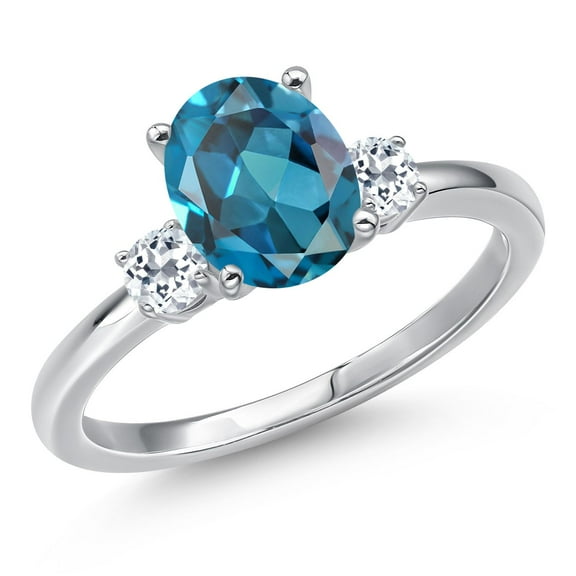 Gem Stone King 14K White Gold London Blue Topaz and White Topaz Engagement Ring for Women | 2.53 Cttw | Oval 9X7MM | Gemstone November Birthstone | Size 7