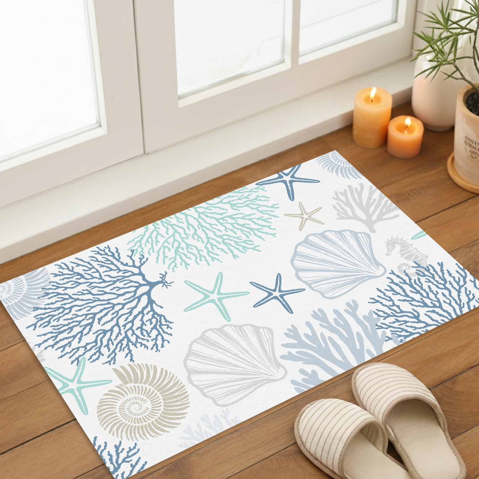 Blue Coral Coastal Indoor Door Mat - 18"x30", Non-Slip Welcome Mat for Outdoor, Summer Beach Shell Conch Ocean Front Doormat for Entry, Low-Profile Doormat Entrance Rug for Kitchen/Bathroom