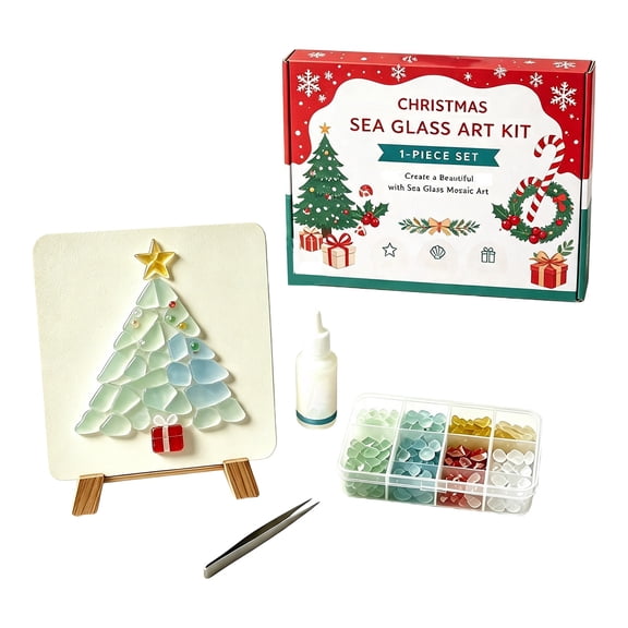 Christmas Sea Glass Mosaic DIY Art Kit, Sea Glass Decor, Craft Supplies & Materials, Mosaic Glass Pieces, Craft Santa Inlaid Mosaic Art Set, DIY Glass Art Kit for Table Display (E)