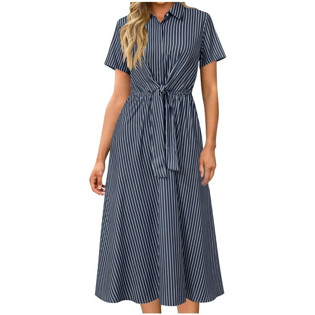 LOVZFMLL Robes d'Été pour Femmes 2025 à Rayures à Manches Courtes avec Nœud à l'Avant Maxi Robe-Chemise Vêtements pour Femmes pour le Travail Décontracté Quotidien Gris TG