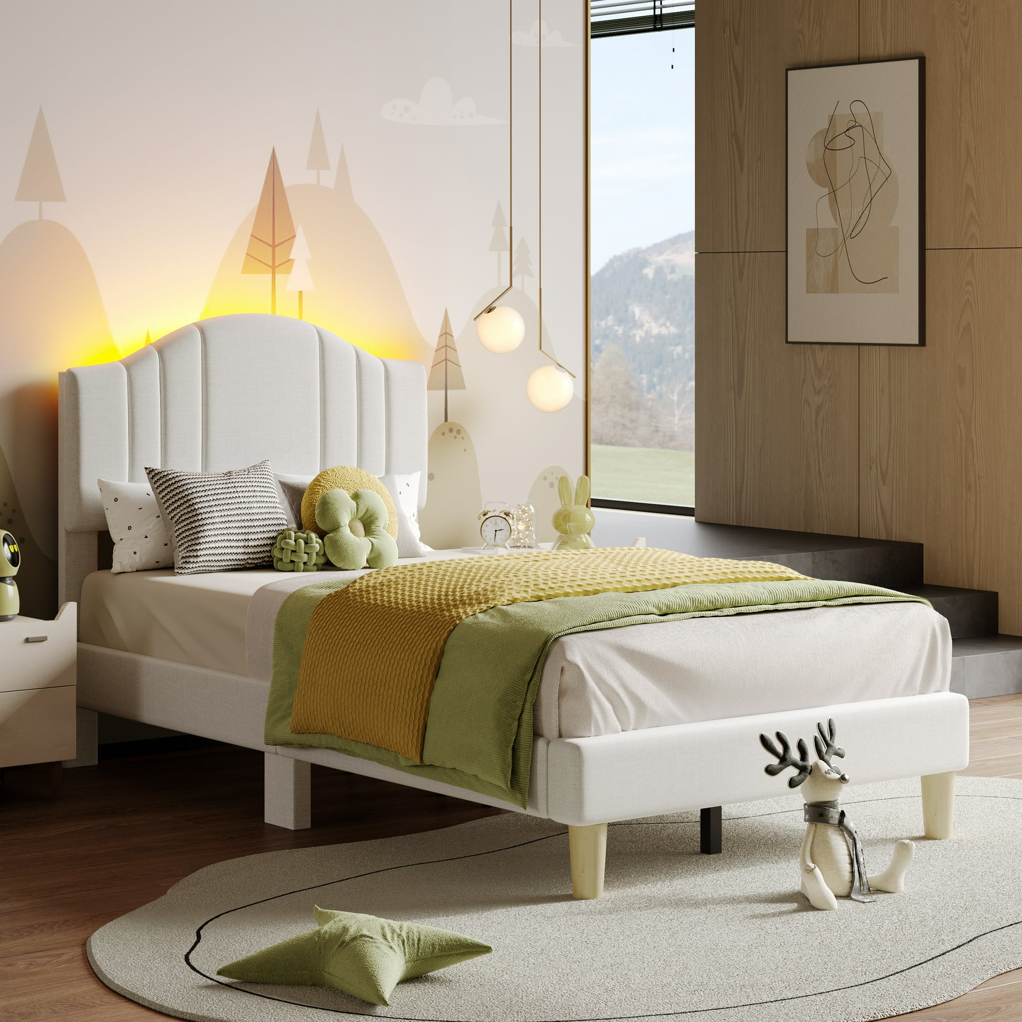 Pinmoco Twin Upholstered Bed Frame with Adjustable Arc-shaped Headboard, LED Platform Bed, Fabric Beige