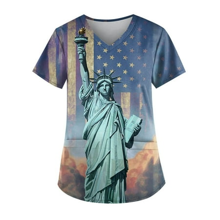 

JGGSPWM Women s Scrub Tops V Neck Short Sleeve Tees American Flag Print Patriotic Blouse Scrub Nurse Independence Day Medical Working Uniform T-shirts Blue S