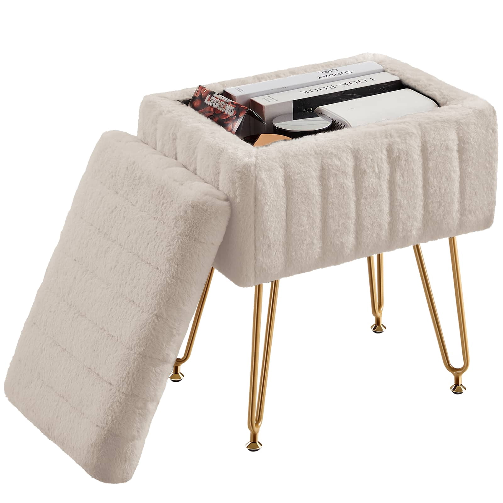 CONCETTA Storage Ottoman Bench, Faux Fur Vanity Footstool with Hidden Storage, Padded Seat & Adjustable Feet for Bedroom, Makeup Room, Entryway,Camel