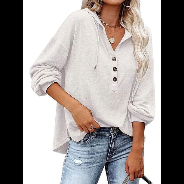 Sudadera con Capucha y Botones para Mujer, con Cuello en V, Larga y Cordón Ajustable. Camisetas Henley. M