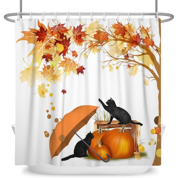 ABDFHE-72x72 Inch Farmhouse Fall Pumpkin Autumn Leaves Shower Curtains for Bathroom Black Cat Playing with Umbrella Autumn Pumpkin Fall Harvest Thanksgiving Bathroom Shower Curtain with Hooks