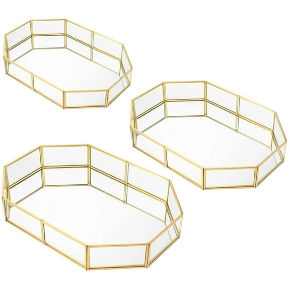 Gold Vanity Tray, 3pcs Mirror Perfume Trays for Dresser, Geometric Octagon Design with Glass and Metal Frame, Bathroom and Bedroom Decoration