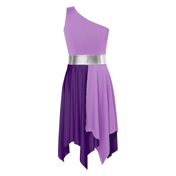 Xnihocha Kids Girls One Shoulder Color Block Praise Dance Dress Tunic Sleeveless Lyrical Liturgical Worship Robe Lavender 14