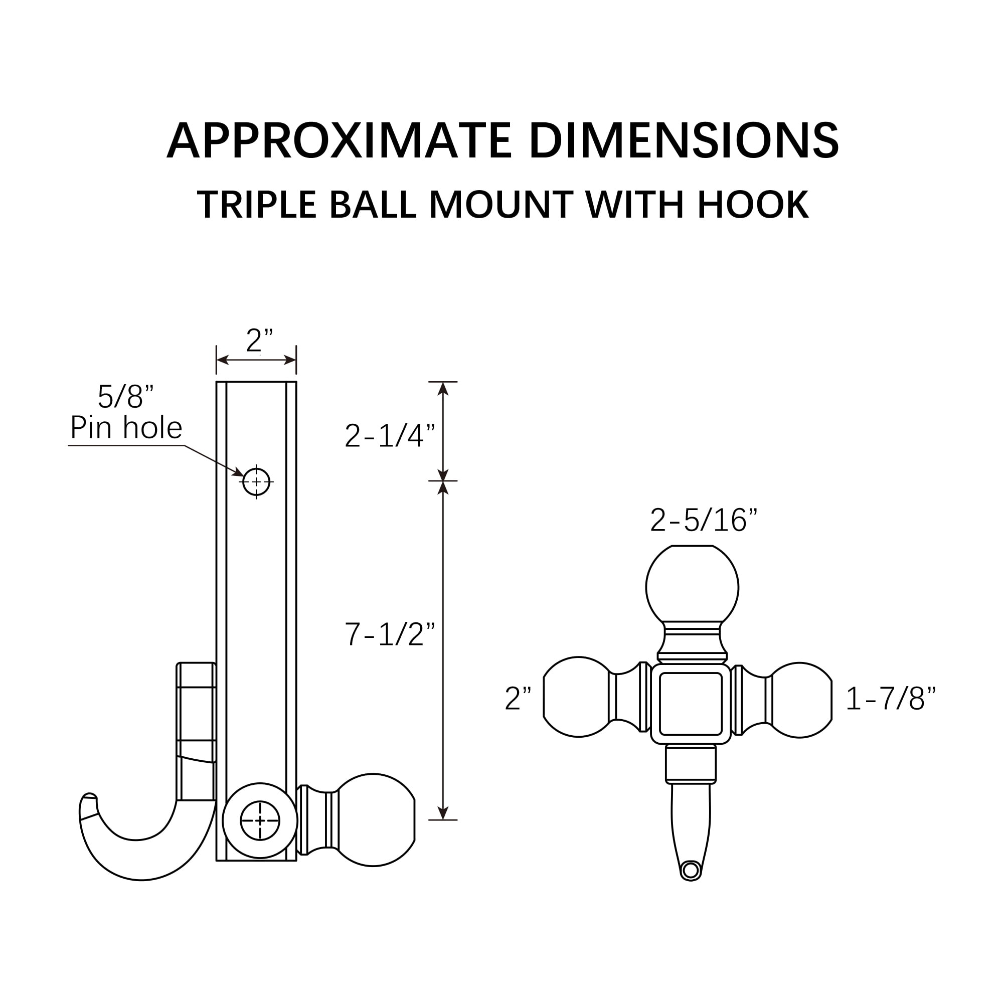 Hyper Tough Automotive Tri-Ball Mount with Hook, Steel, Class V, 1-7/8", 2" & 2-5/16" Hitch Ball, Black