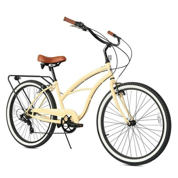 Bora 26 Inch 7 Speed Beach Cruiser Bikes for Women with Rear Rack - Vanilla