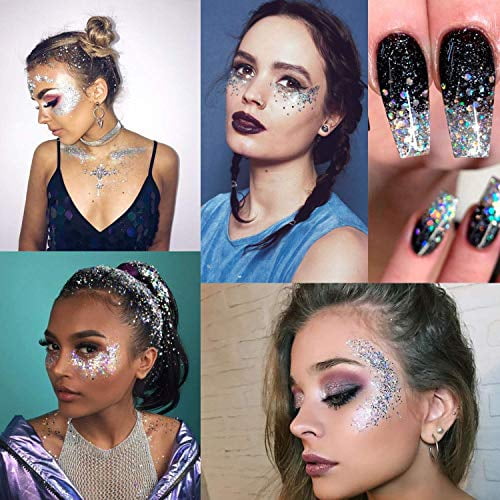 Silver Holographic Chunky Cosmetic Glitter Body Hair Face Eye Nail for Carnival Concert Party Beauty Rave Accessories Different Sizes&Shapes âœ®14g + Quick Dry Primer Glue Gel(5ml) -