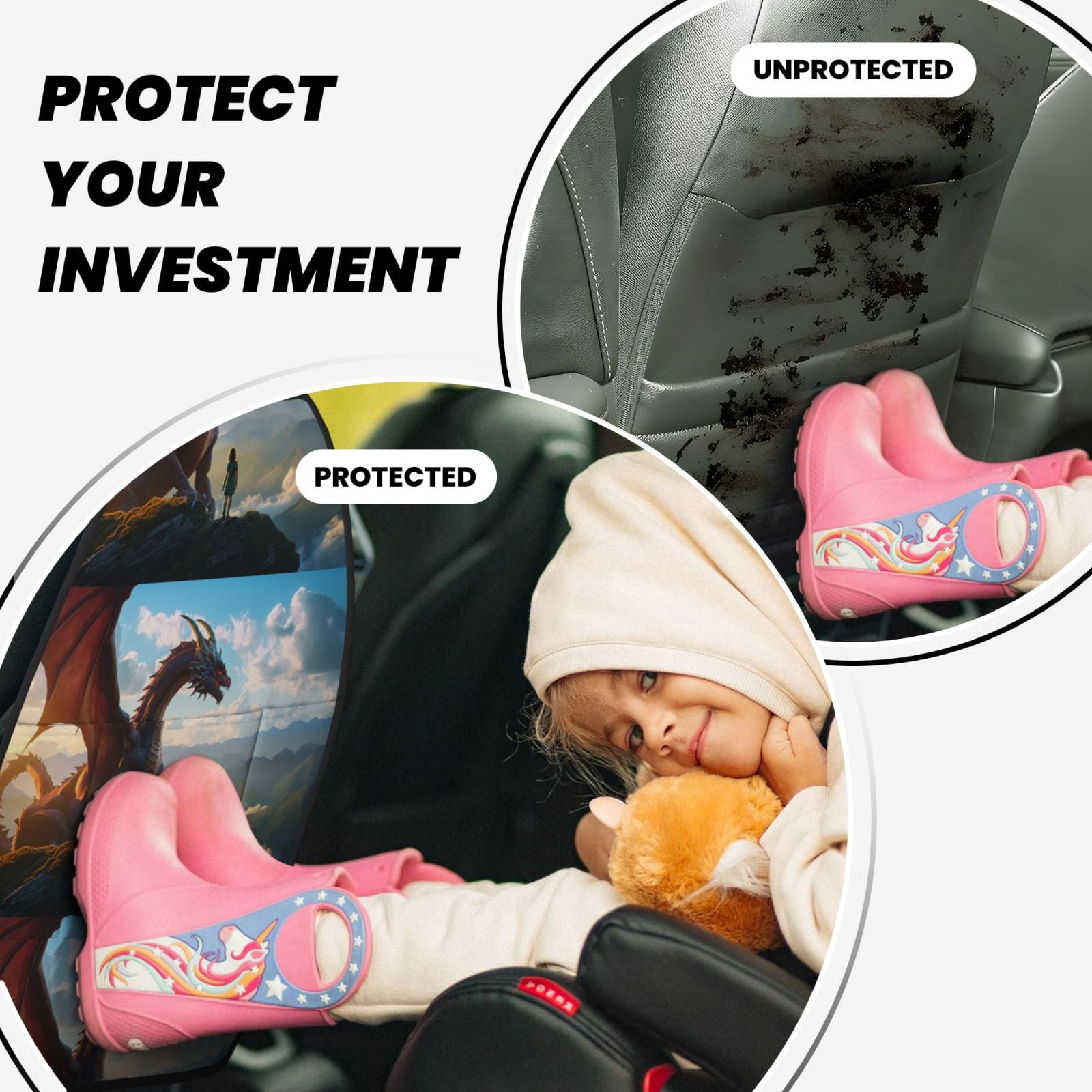 Xecao Clear Sky Mountain Red Dragon Pattern Car Seat Back Protector 2 Pack Large Capacity Pocket, Kick Mats Back Seat Protector