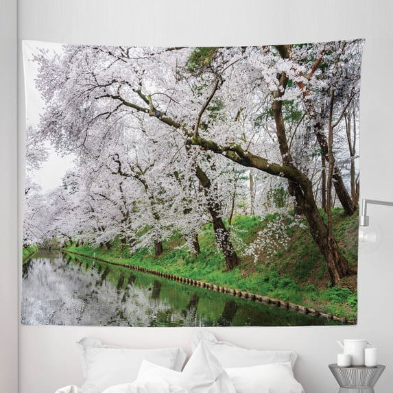 Landscape Tapestry, Hirosaki Park Cherry Blossoms Spring Renewal Season Blooming Sakura Trees, Fabric Wall Hanging Decor for Bedroom Living Room Dorm, 5 Sizes, Multicolor, by Ambesonne