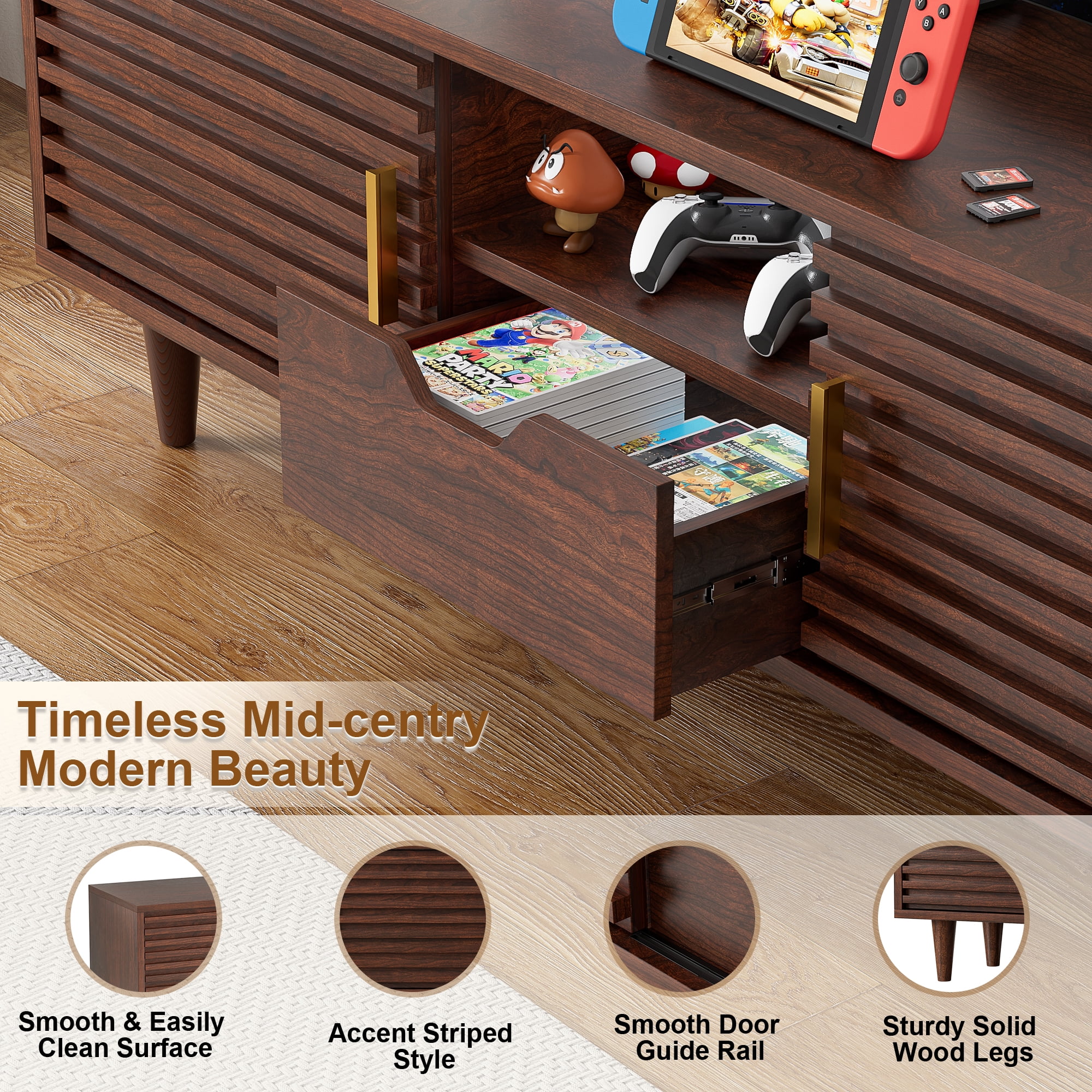 Alohappy Mid-Century Modern TV Stand for TVs up to 60 inch, Sliding Door Wood TV Console with Storage Cabinet, Home Media Entertainment Center for Living Room (Vintage Brown)