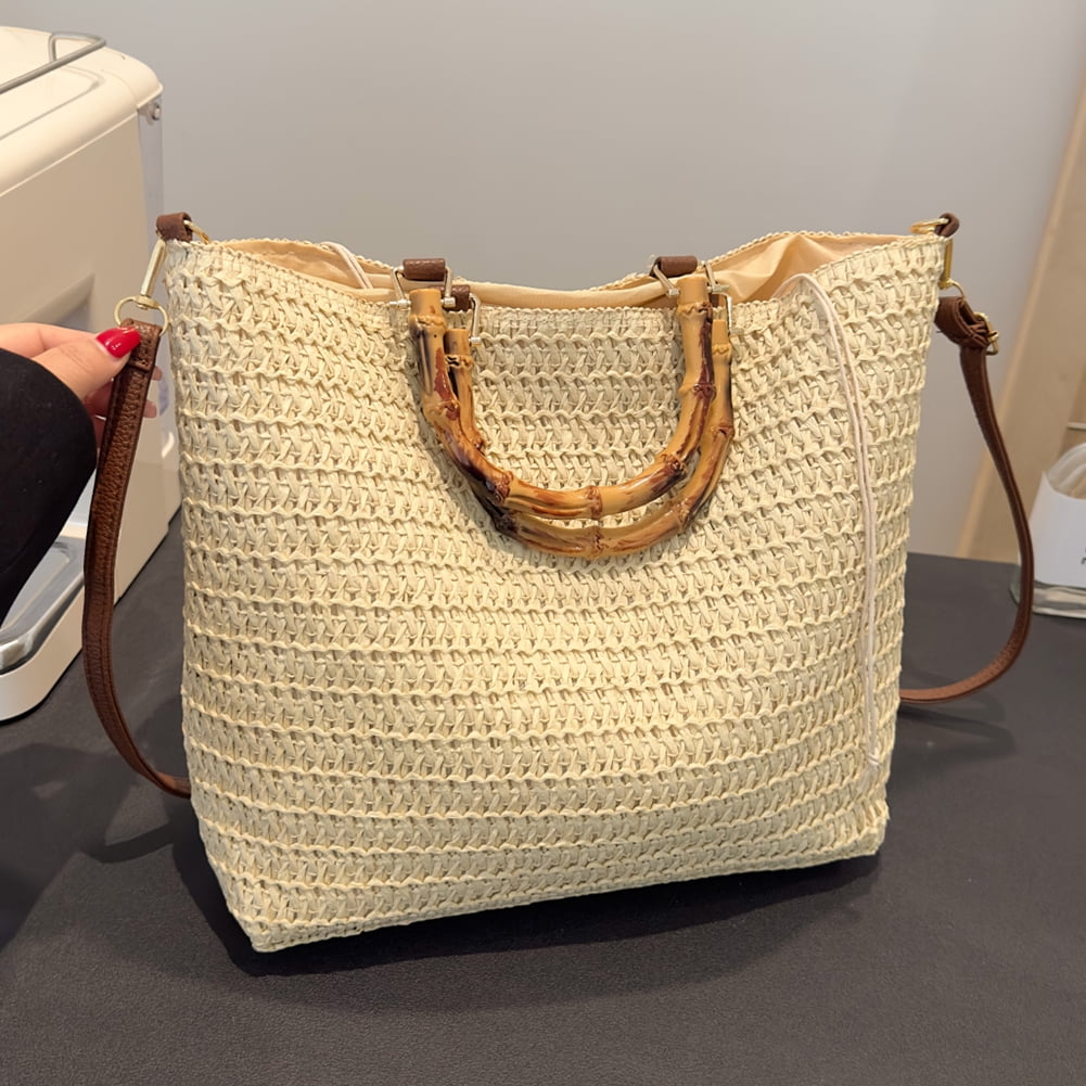 Women Straw Woven Handbag with Bamboo Handle Tote Clutch Bags for Seaside(Beige) Shoulder Bags for Women