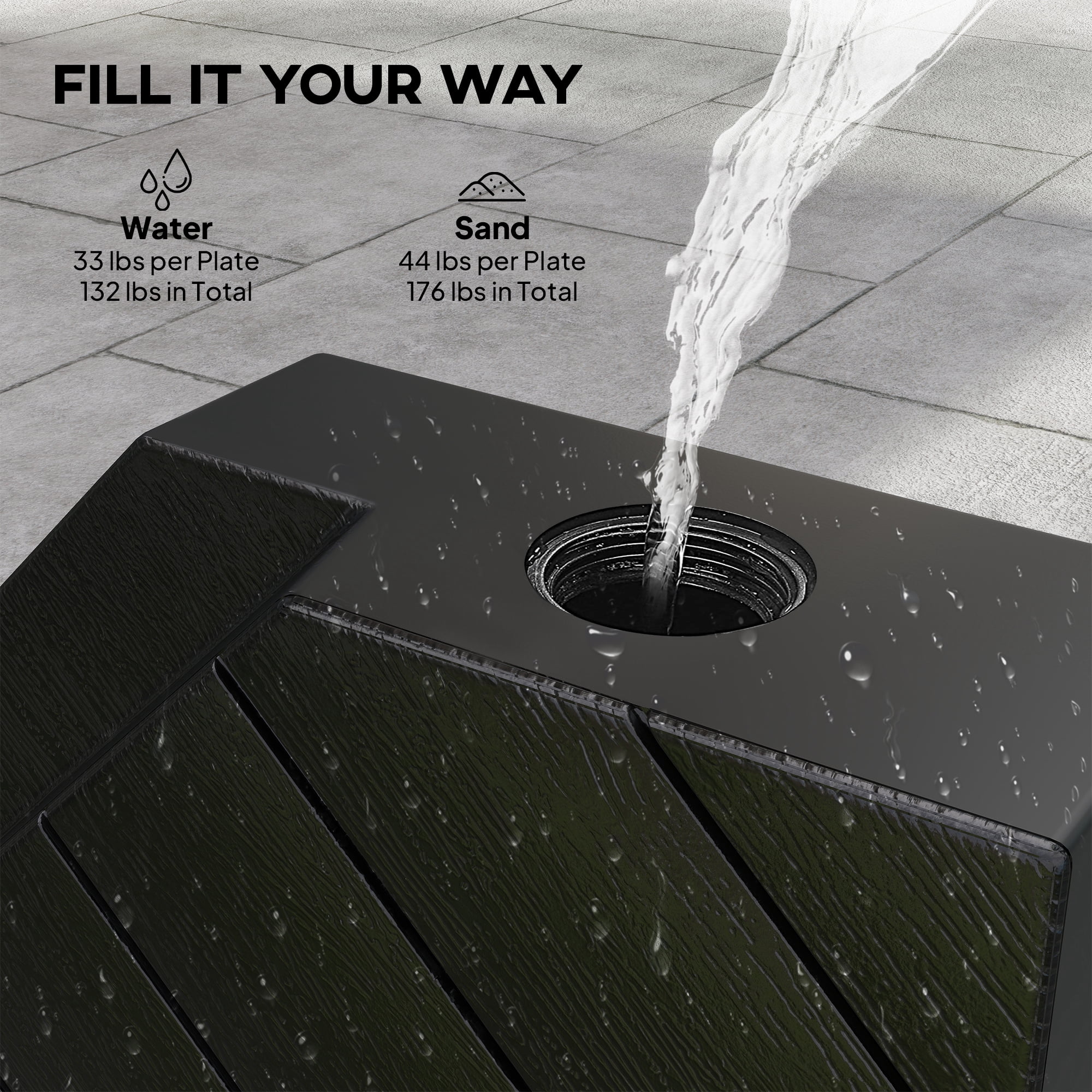 Homiyad Freestanding Umbrella Base: Heavy-Duty, Adjustable for Water or Sand Filling, 132/176 lbs, Black|Aosom.com
