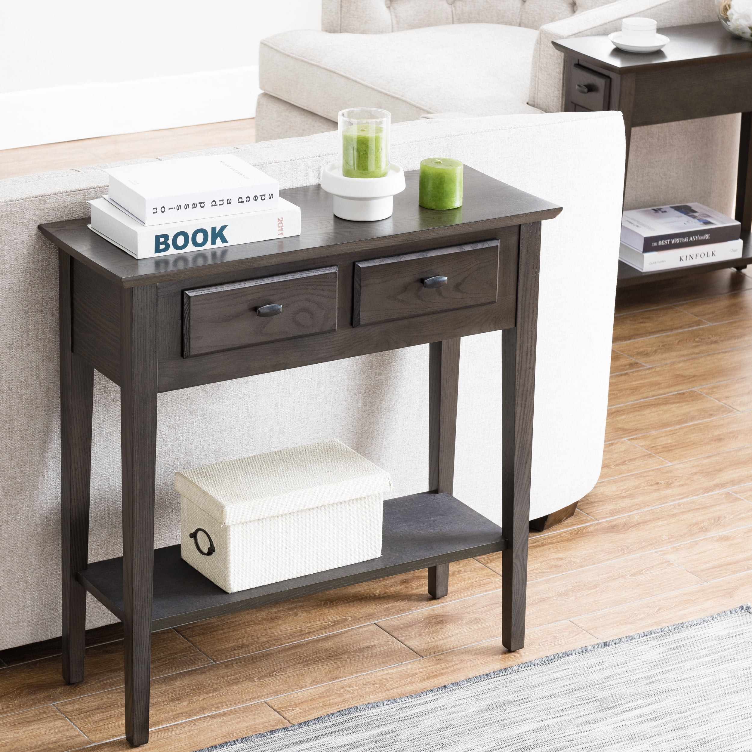 Leick Home Teegan Solid Wood 2-Drawer Entryway Console Table with Shelf, Smoke Gray