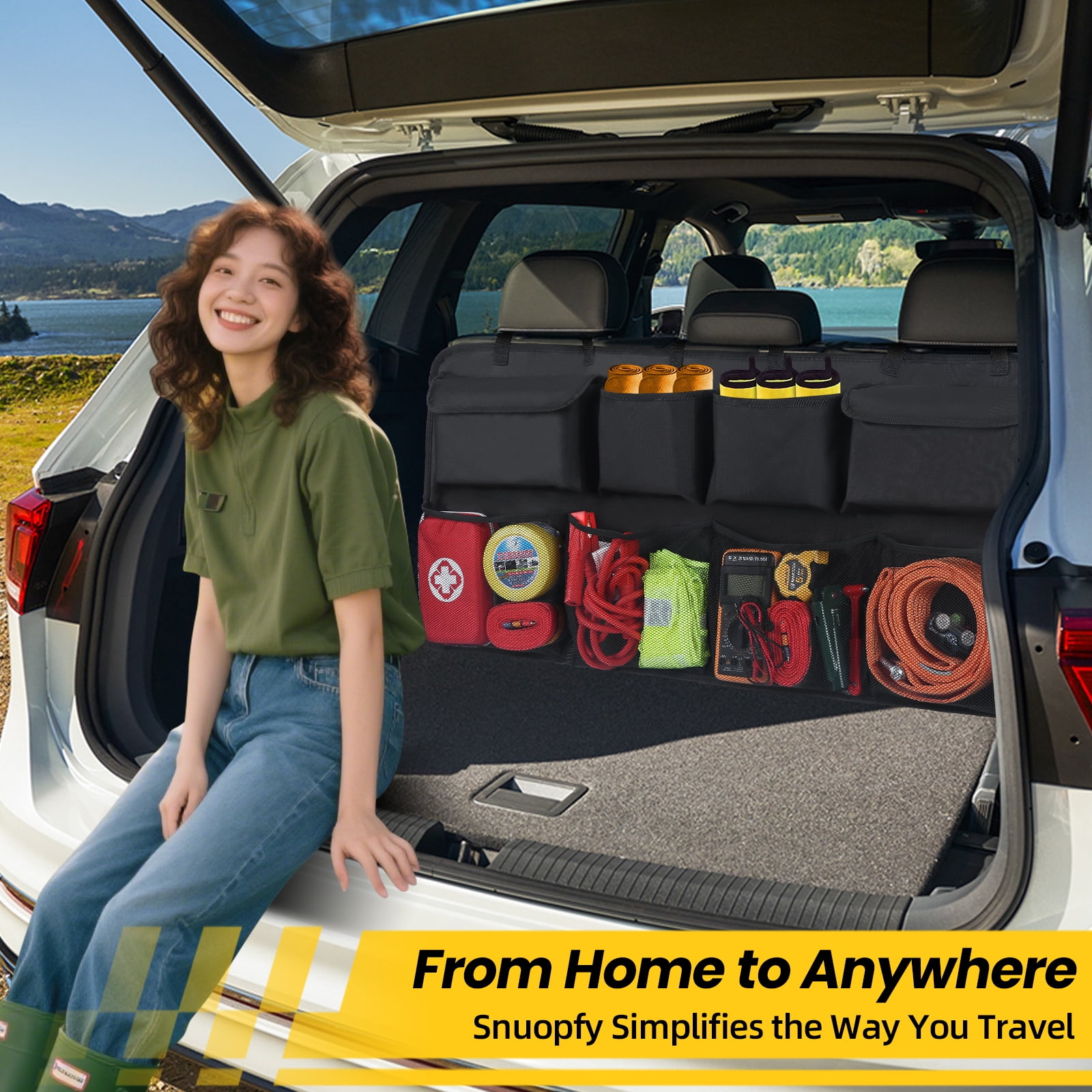 Snuopfy Car Trunk Organizer with Lid, Backseat Hanging Grocery Storage, 8 Large Bags, High Capacity for SUV, Truck