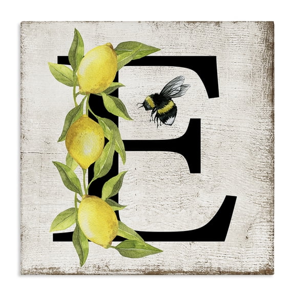Stupell Industries Rustic Lodge Lemon & Bee E Letter Canvas Art, 17 x 17, by Creatif Belle