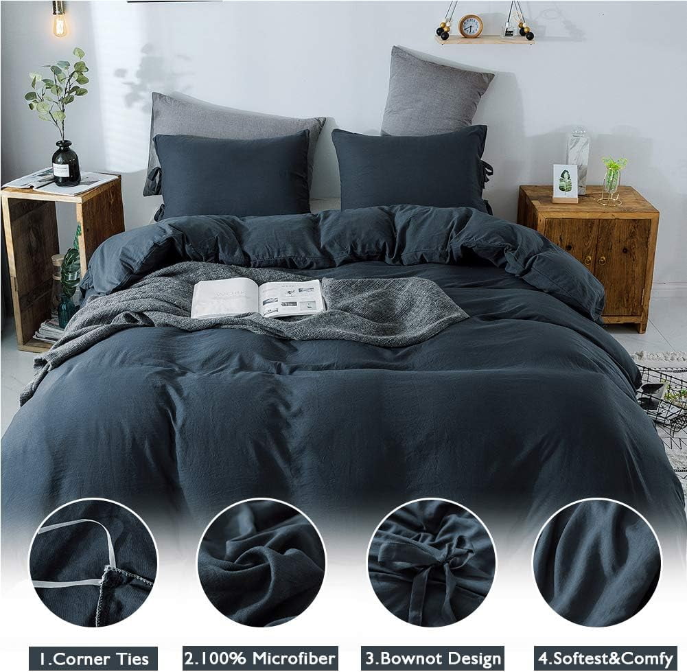 Washed Cotton Duvet Cover Twin, Navy Blue Minimalist Cotton Duvet Cover Set, 3 Pieces Plain Simple Cotton Duvet Cover Set with 2 Pillow Shams, Twin, 66"*90"