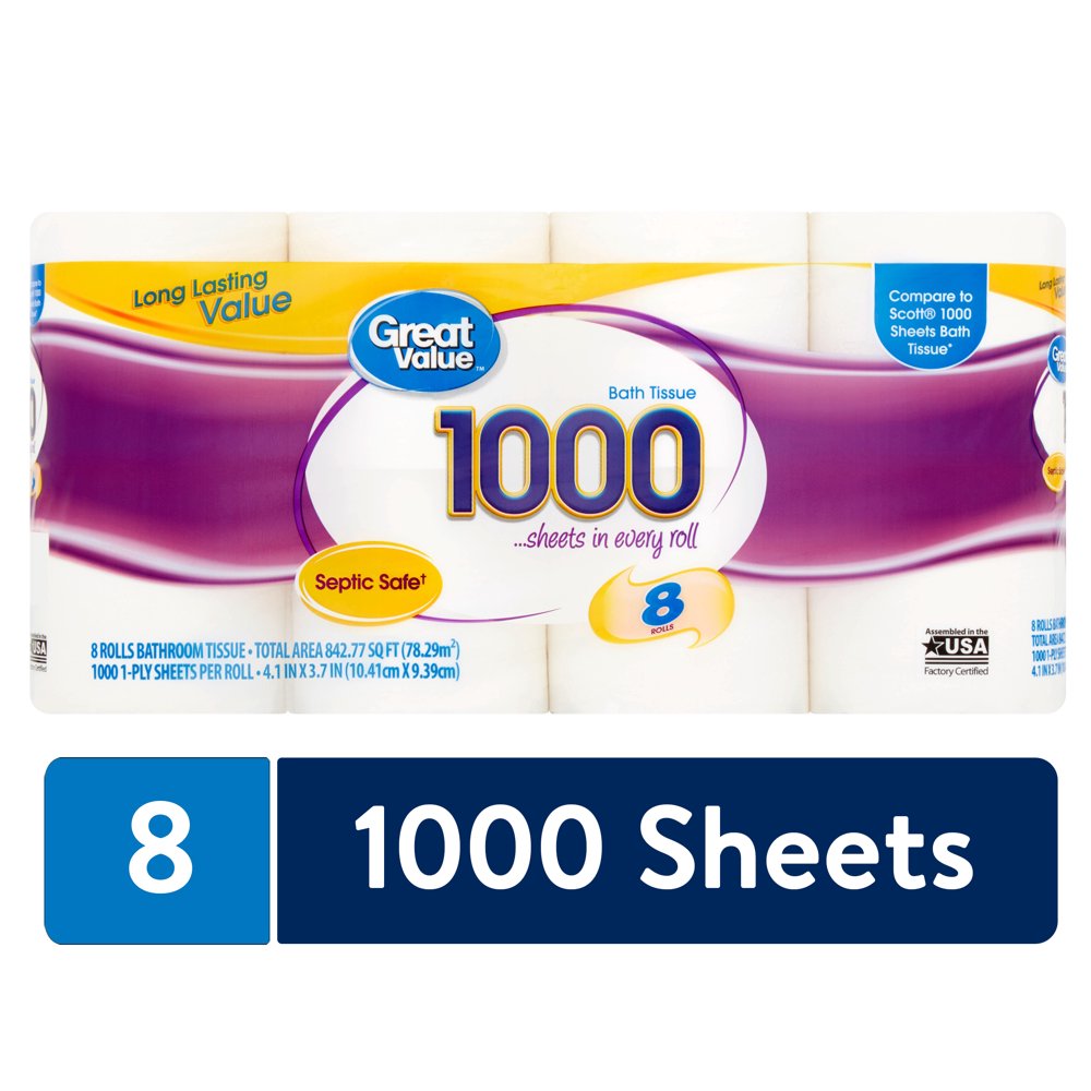 Great Value 1000 Sheets per Roll Toilet Paper, 8 Rolls