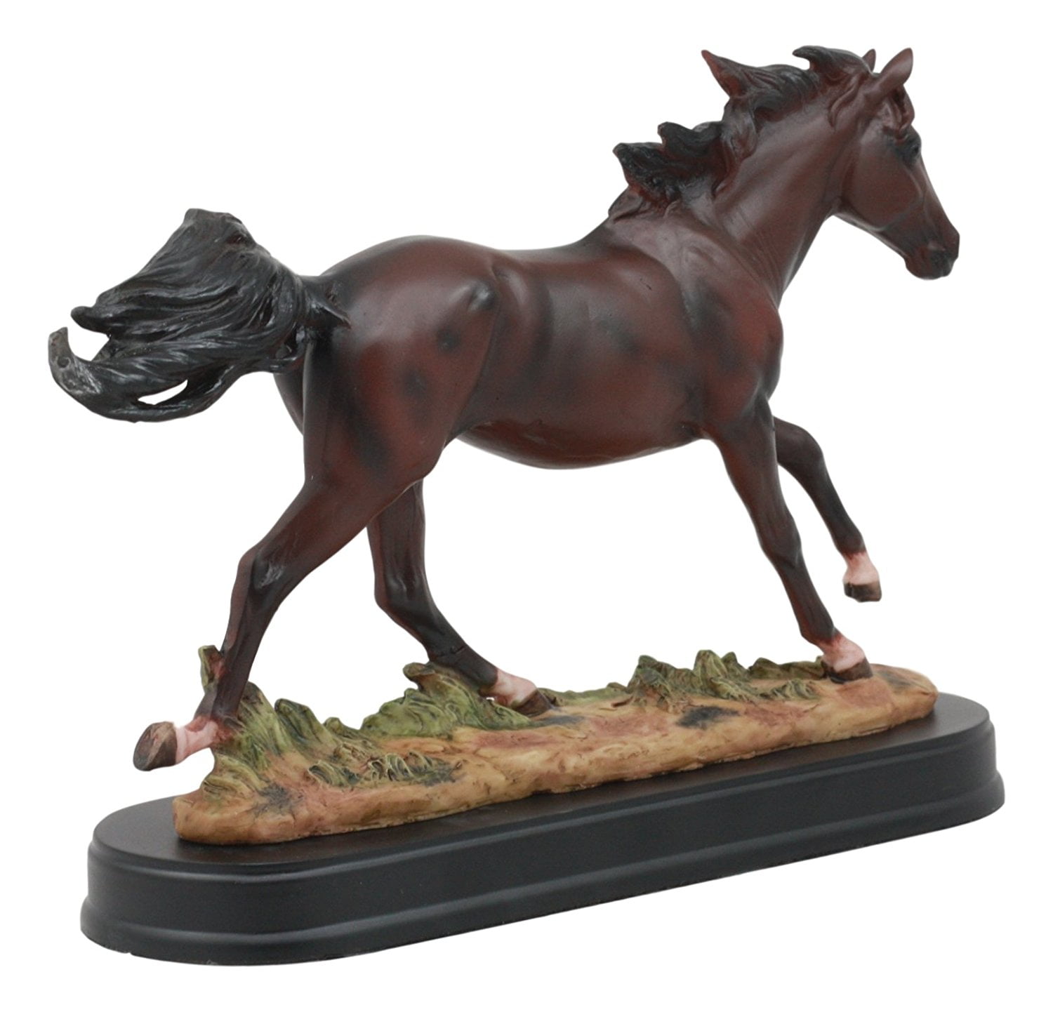 Ebros Equestrian Galloping Dark Brown Horse On Wild Pastures Statue 9.25"Long Handsome Stallion With Wooden Base Animal Decor Sculpture