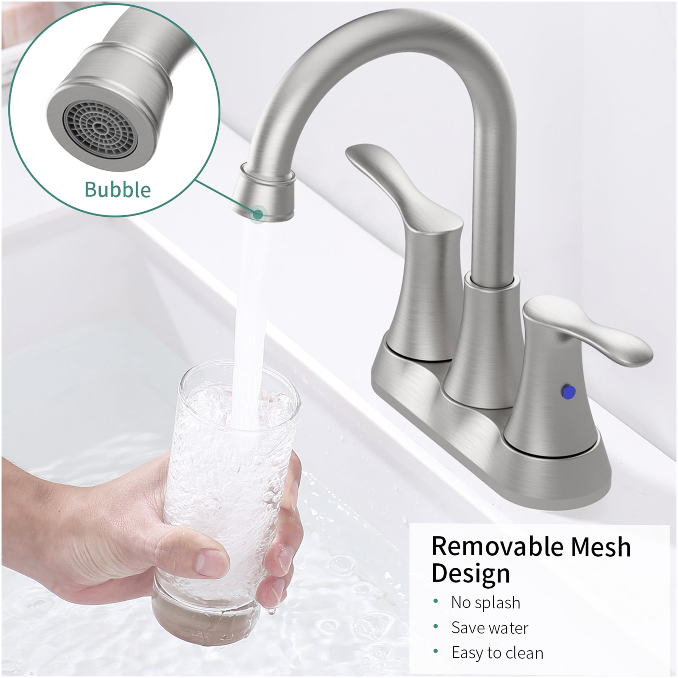 JERFIT 4 inch Centerset Bathroom Faucet with Drain, Brushed Nickel 2-Handle Vanity Sink Faucet, Low Flow, Easy Install