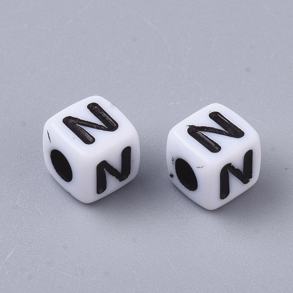 White Opaque Acrylic Beads Horizontal Hole Cube with Black Alphabet Letter N 4-5x4-5x4-5mm Hole: 1.8mm 6000-6500pcs/500g