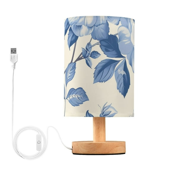Blue White Florals and Leaves Table Lamp with USB Port LED Warm Light Lamp Night Light Home Decor