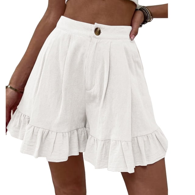 Mujer Pantalones cortos de verano Cierre de botones Volantes Dobladillo Piernas anchas Casual Pantalones cortos para uso diario