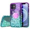 thumbnail image 2 of SOGA Rhinestone Liquid Quicksand Cover Cute Girl Phone Case Compatible for Apple iPhone 12 Mini Case, with Embedded Ring for Magnetic Car Mounts and Lanyard - Purple/Teal, 2 of 5