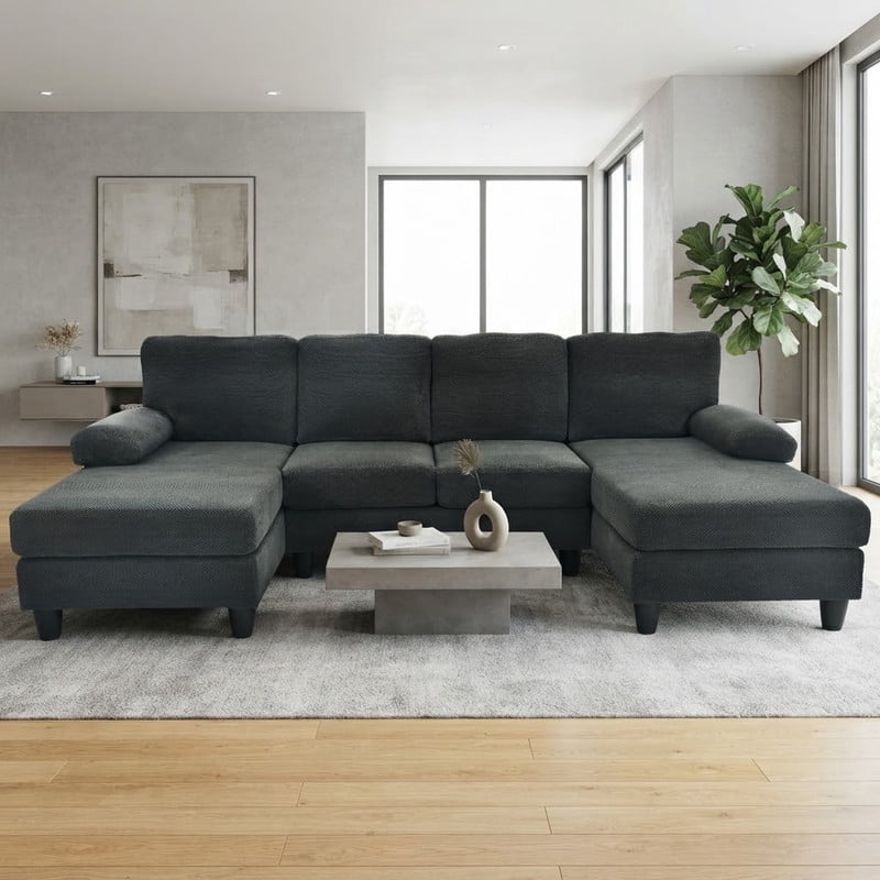 Upholstered U-Shaped Sectional Sofa, Deep Seat Sofa Couch with Dual Chaise, Plush Armrests, Modular Sofa for Living Room Apartment