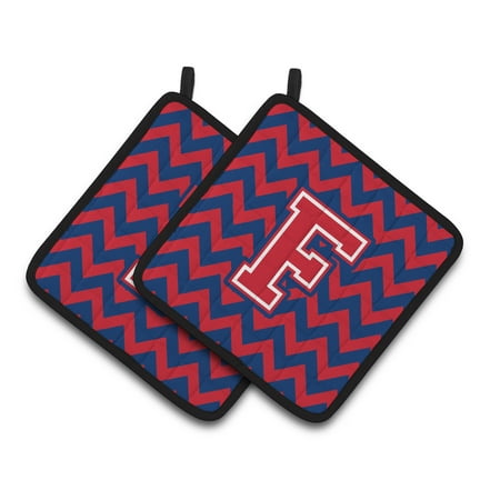 

Letter F Chevron Yale Blue and Crimson Pair of Pot Holders