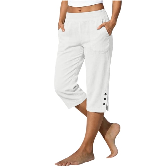 cfhntfmh Cotton Linen Capri Pants for Women Stretchy Waist Bermuda Shorts Knee Length Drawstring Cropped Pants Summer Beach
