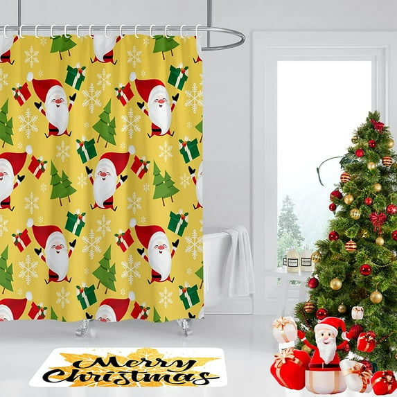 JOOCAR Christmas Shower Curtain, Yellow Santa Claus Christmas Tree Gift Snowflake Christmas Shower Curtain for Home Bathroom Waterproof Festive Decoration
